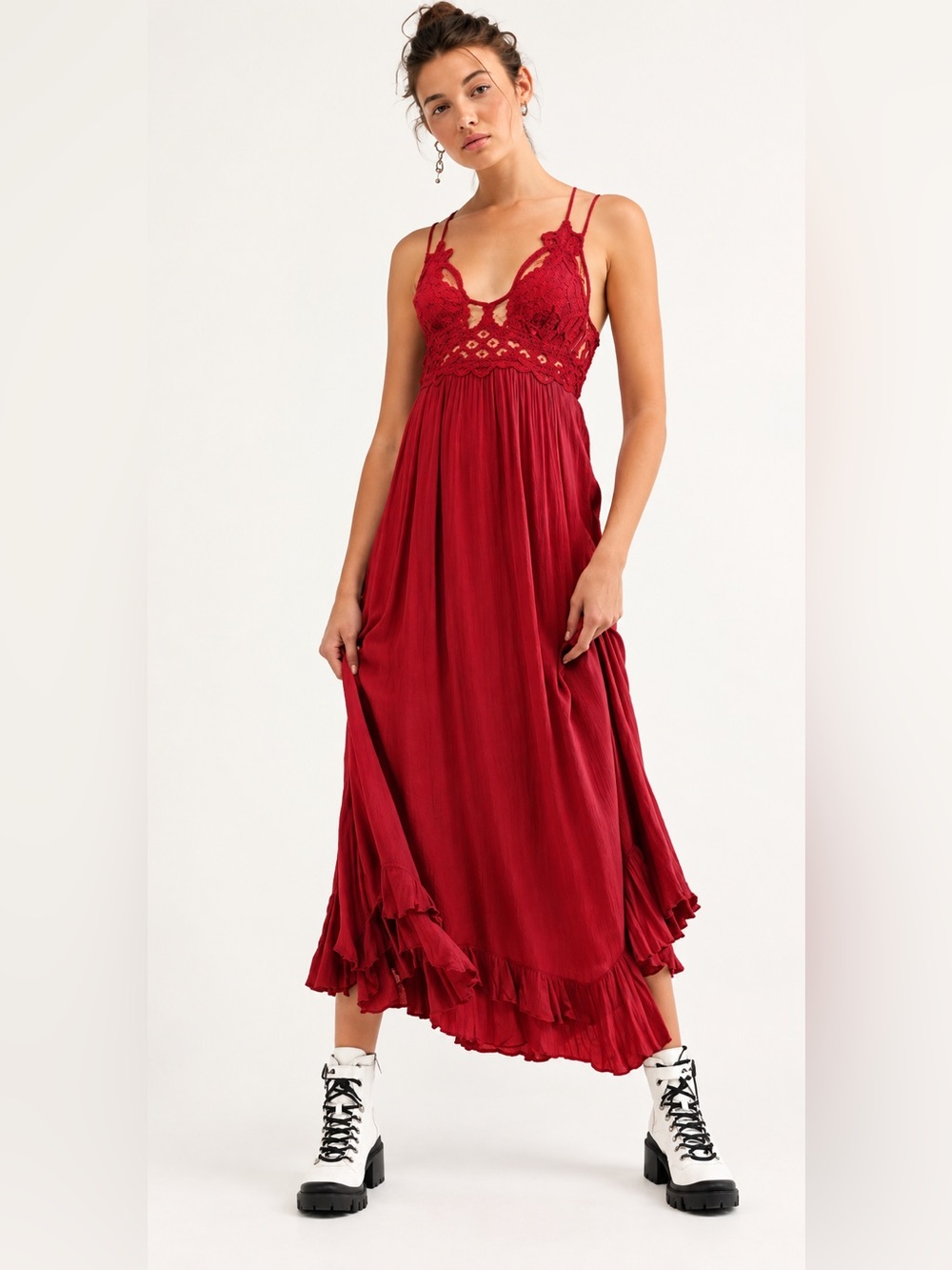 🌺 Free People Adella Maxi Dress Burgundy Lace Strappy Boho Size Medium 🌺